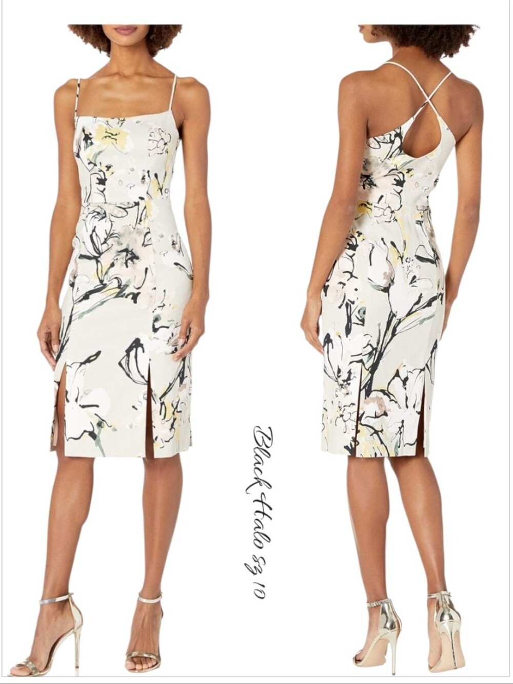 NWT Black Halo Robinson Sheath Dress Ink Garden Floral Slit Sz 10 Wedding Guest
